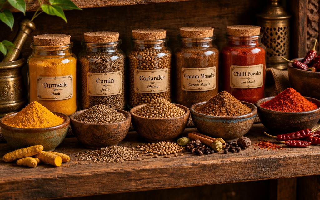 Hand-blended curry powders and masalas in jars